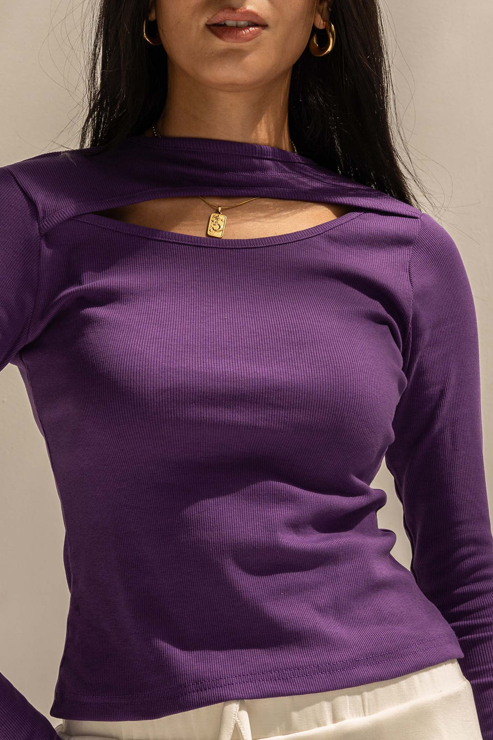 Purple Ribbed Cut-Out Neckline Cotton Top
