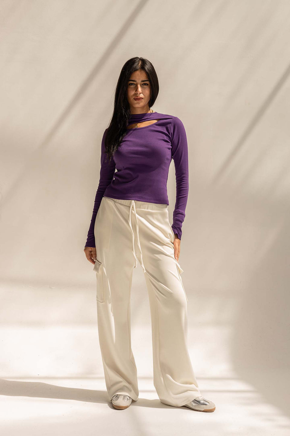 Purple Ribbed Cut-Out Neckline Cotton Top