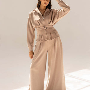 Coffe Tailored Elegant Pleats Set