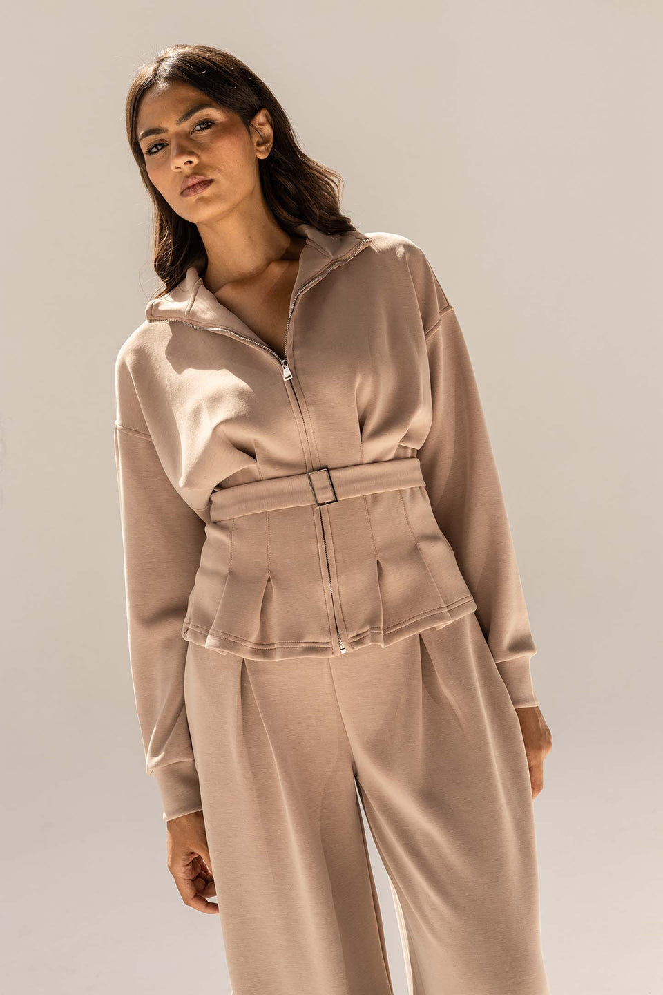 Coffe Tailored Elegant Pleats Set