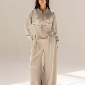 Grey Tailored Elegant Pleats Set