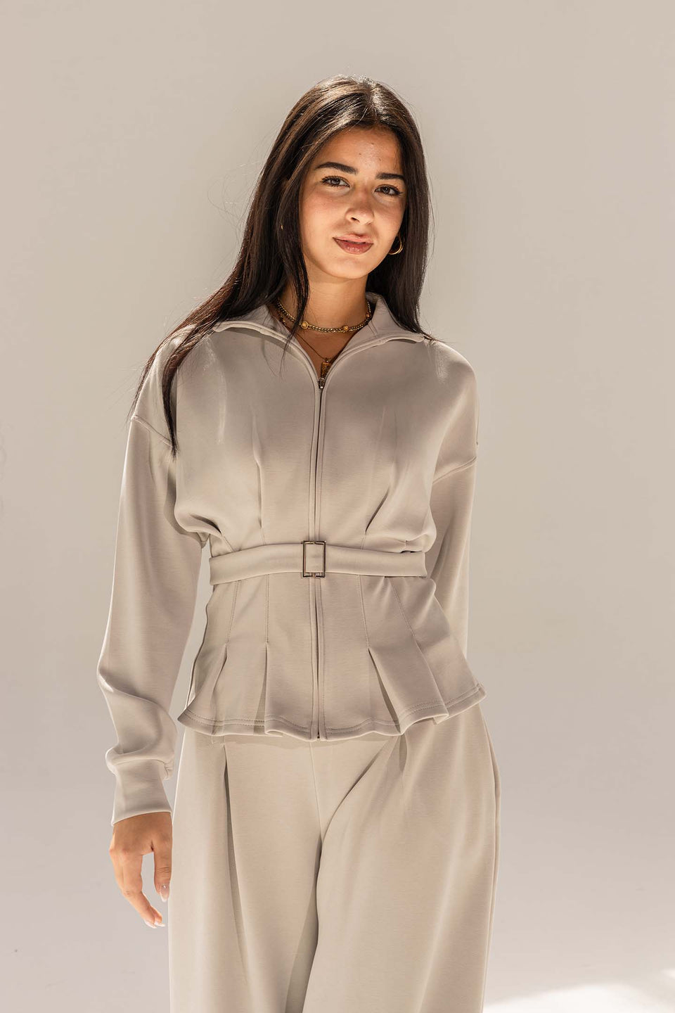 Grey Tailored Elegant Pleats Set