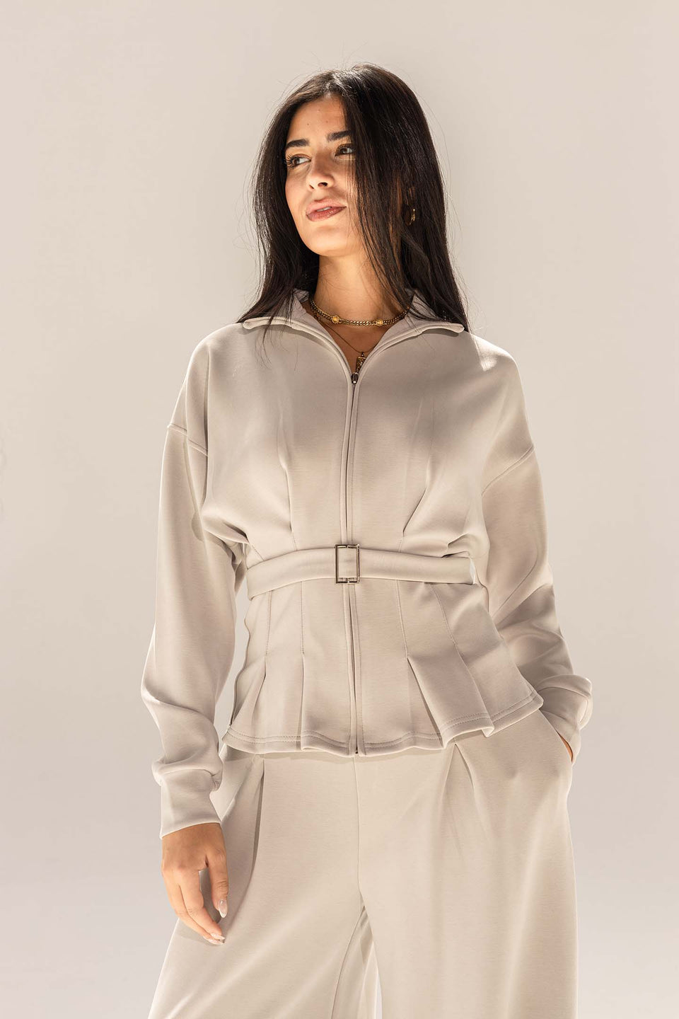 Grey Tailored Elegant Pleats Set