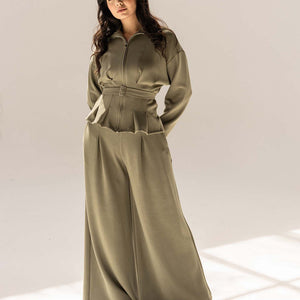 Olive Tailored Elegant Pleats Set
