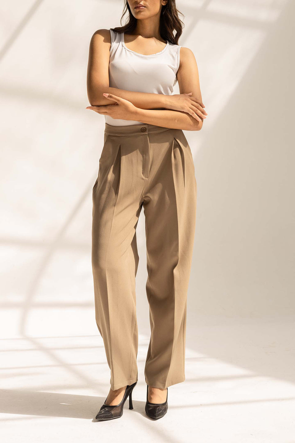 Coffe Tailored Wide-Leg Pants