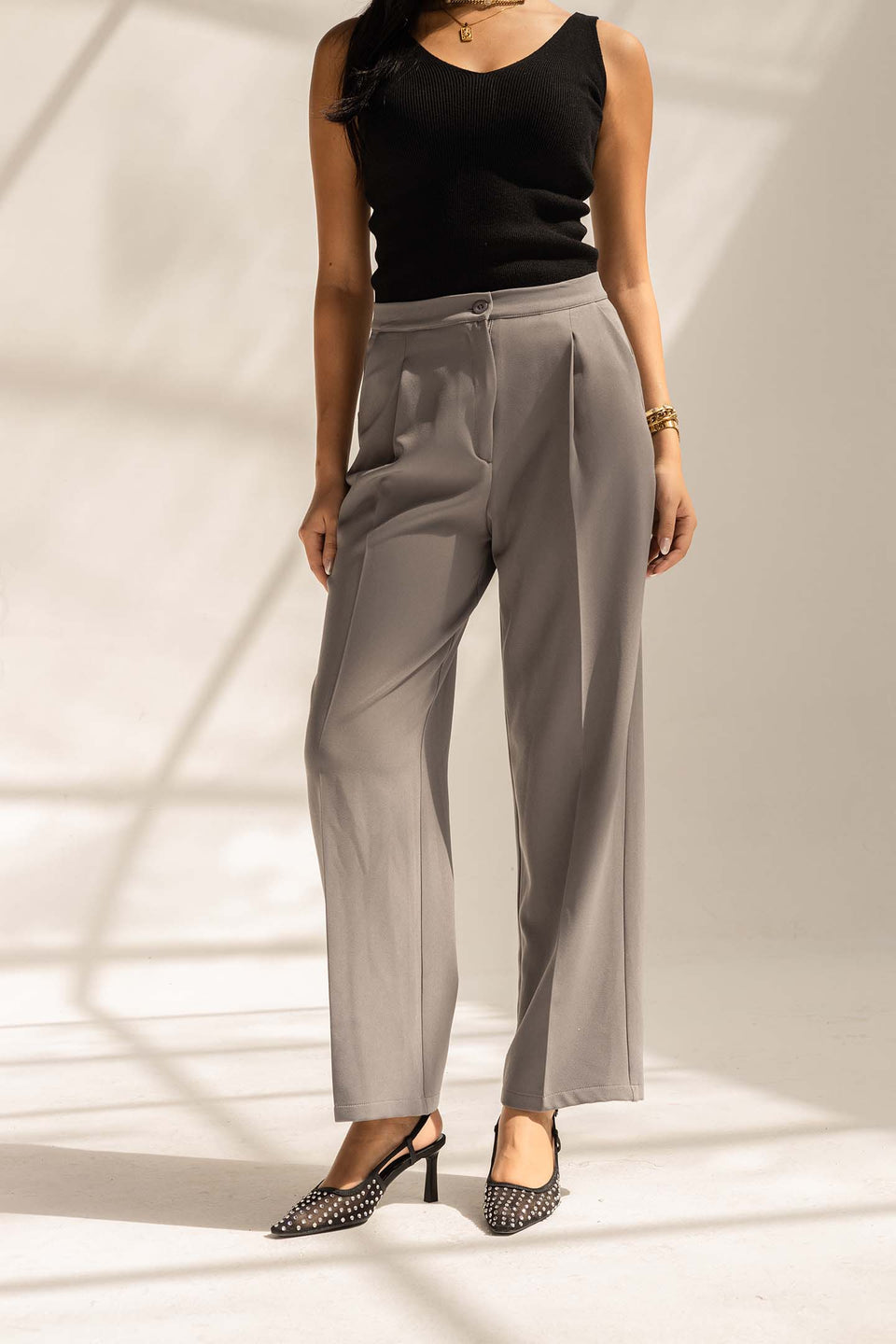 Grey Tailored Wide-Leg Pants