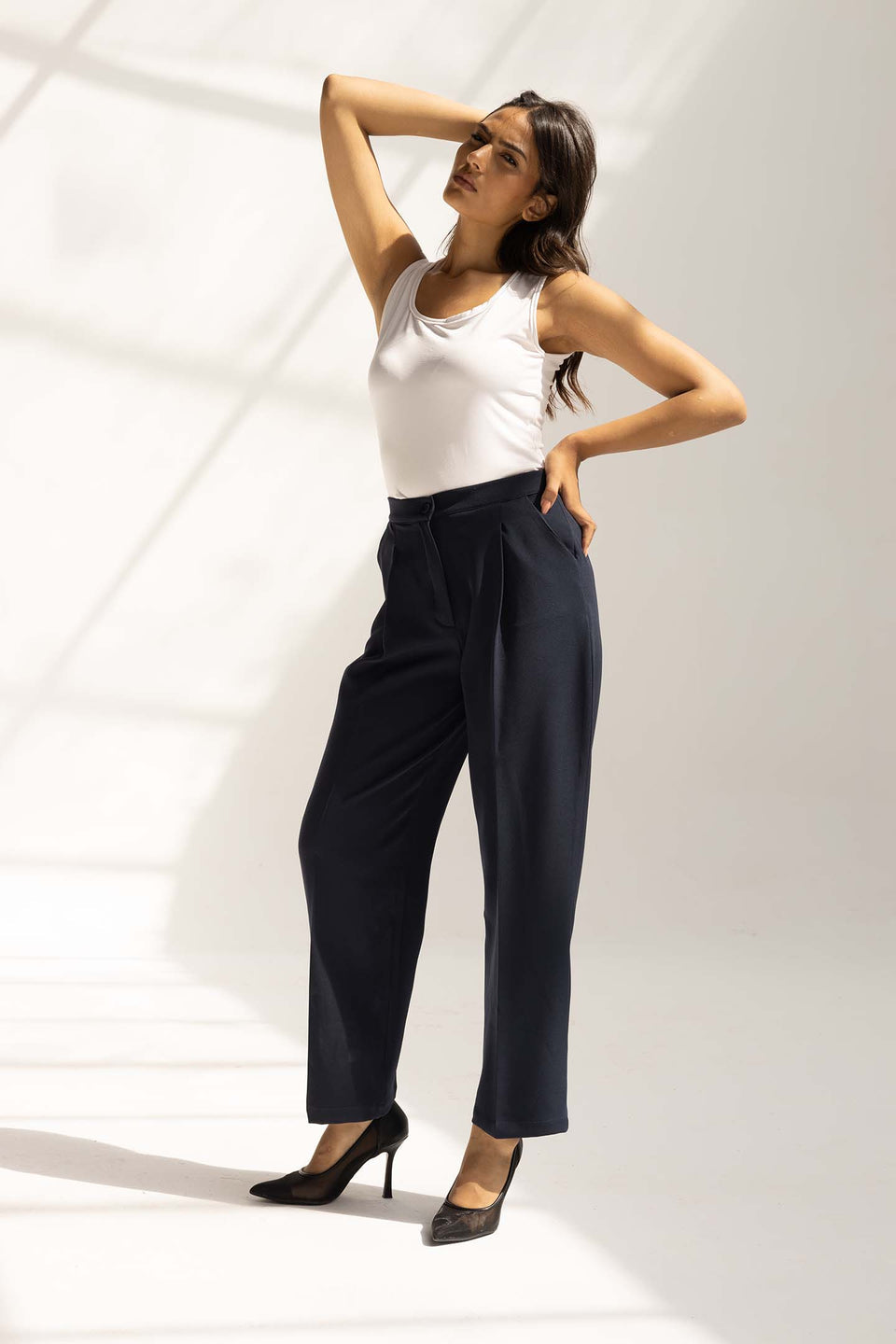 Navy Tailored Wide-Leg Pants