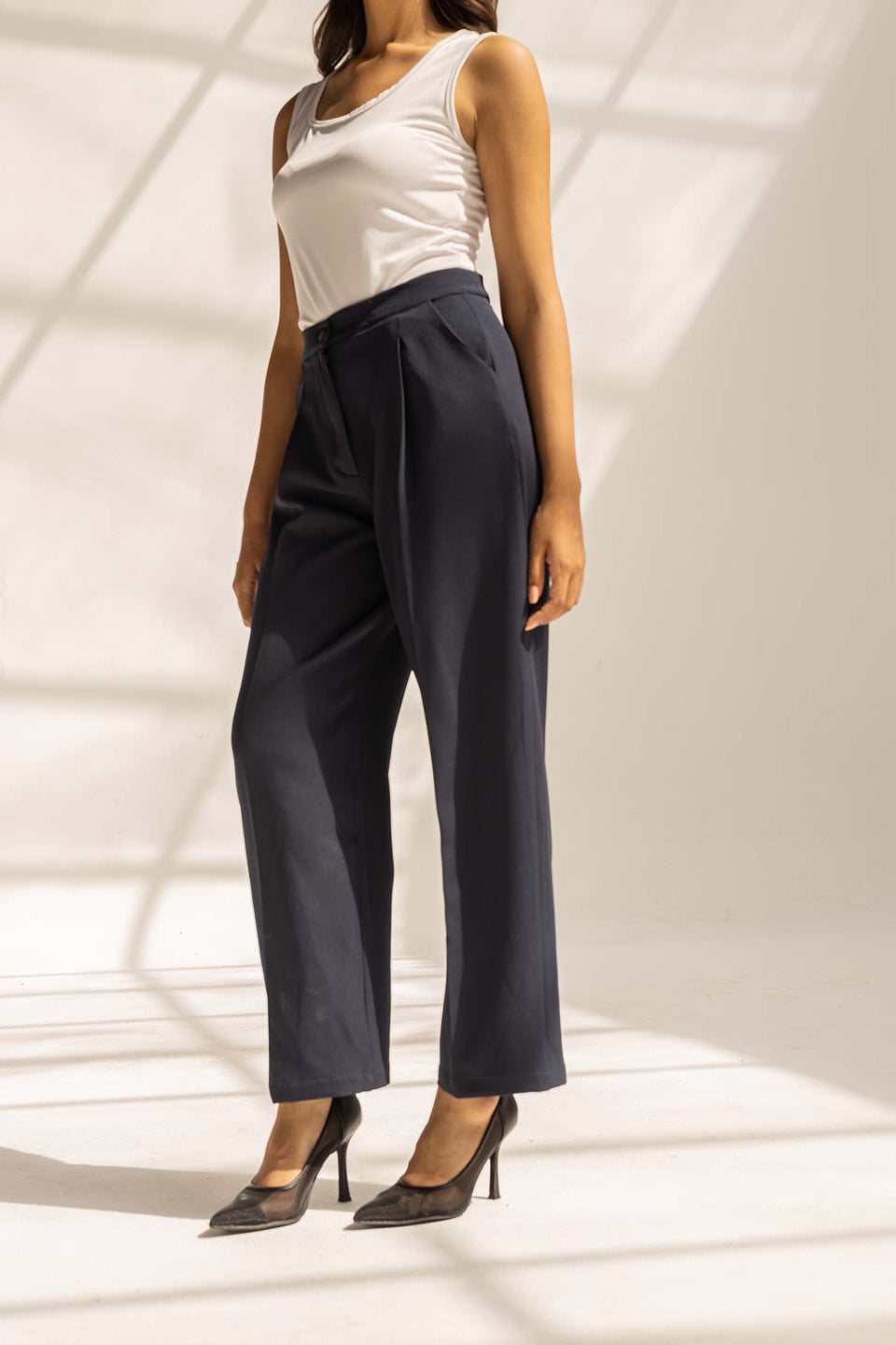 Navy Tailored Wide-Leg Pants