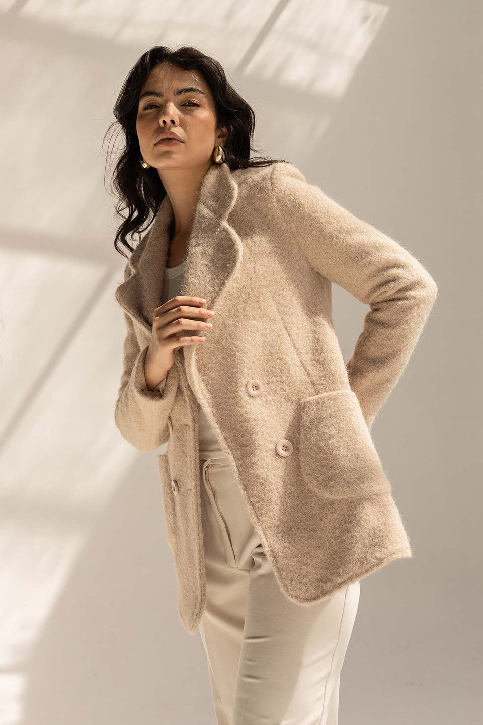 Beige Fuzzy Wool Double-Breasted Jacket