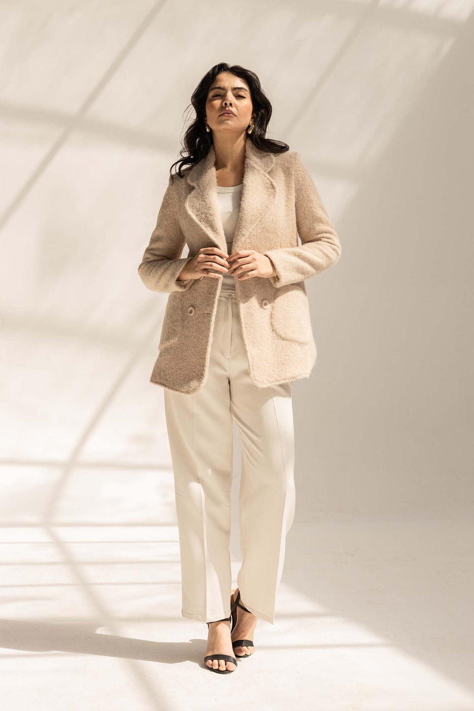 Beige Fuzzy Wool Double-Breasted Jacket