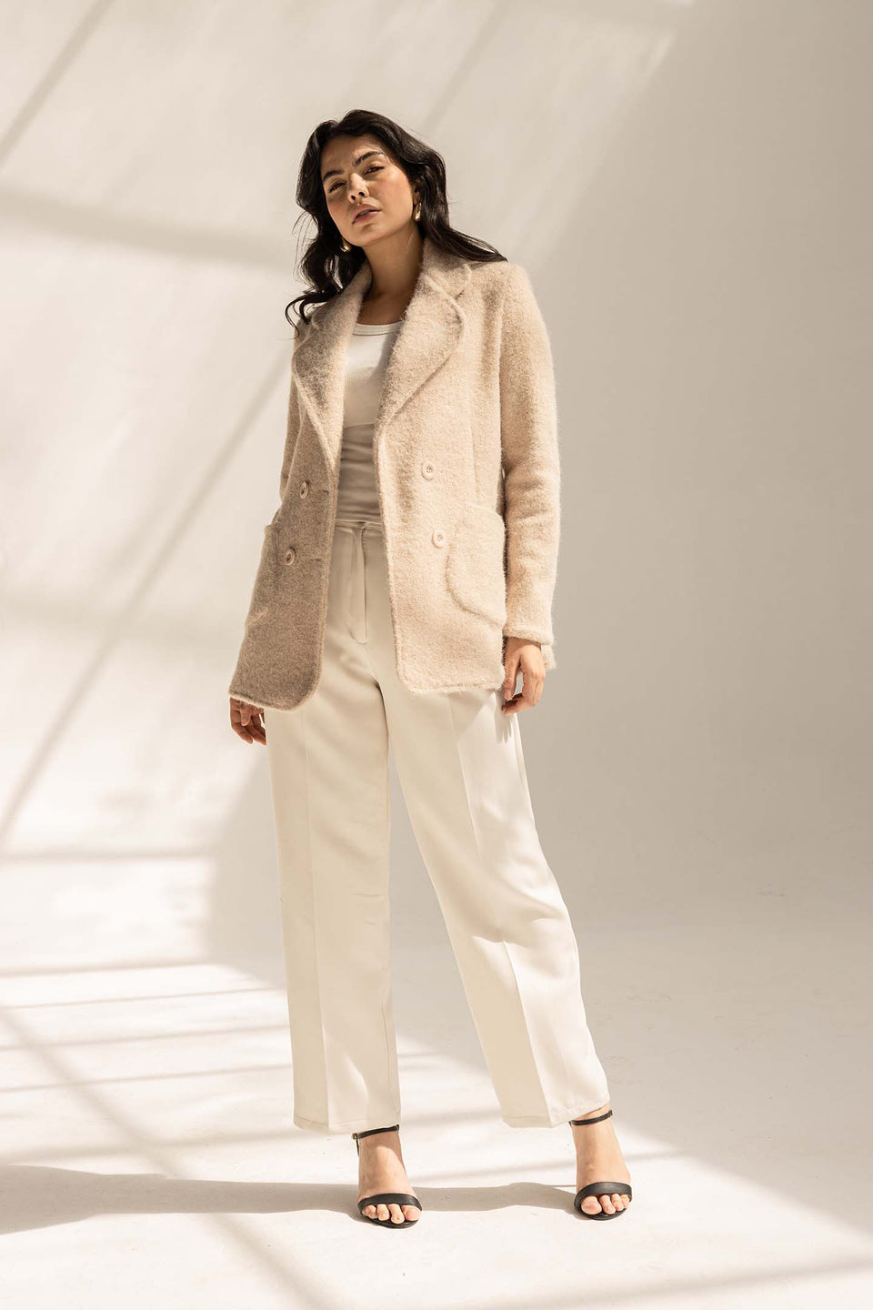 Beige Fuzzy Wool Double-Breasted Jacket