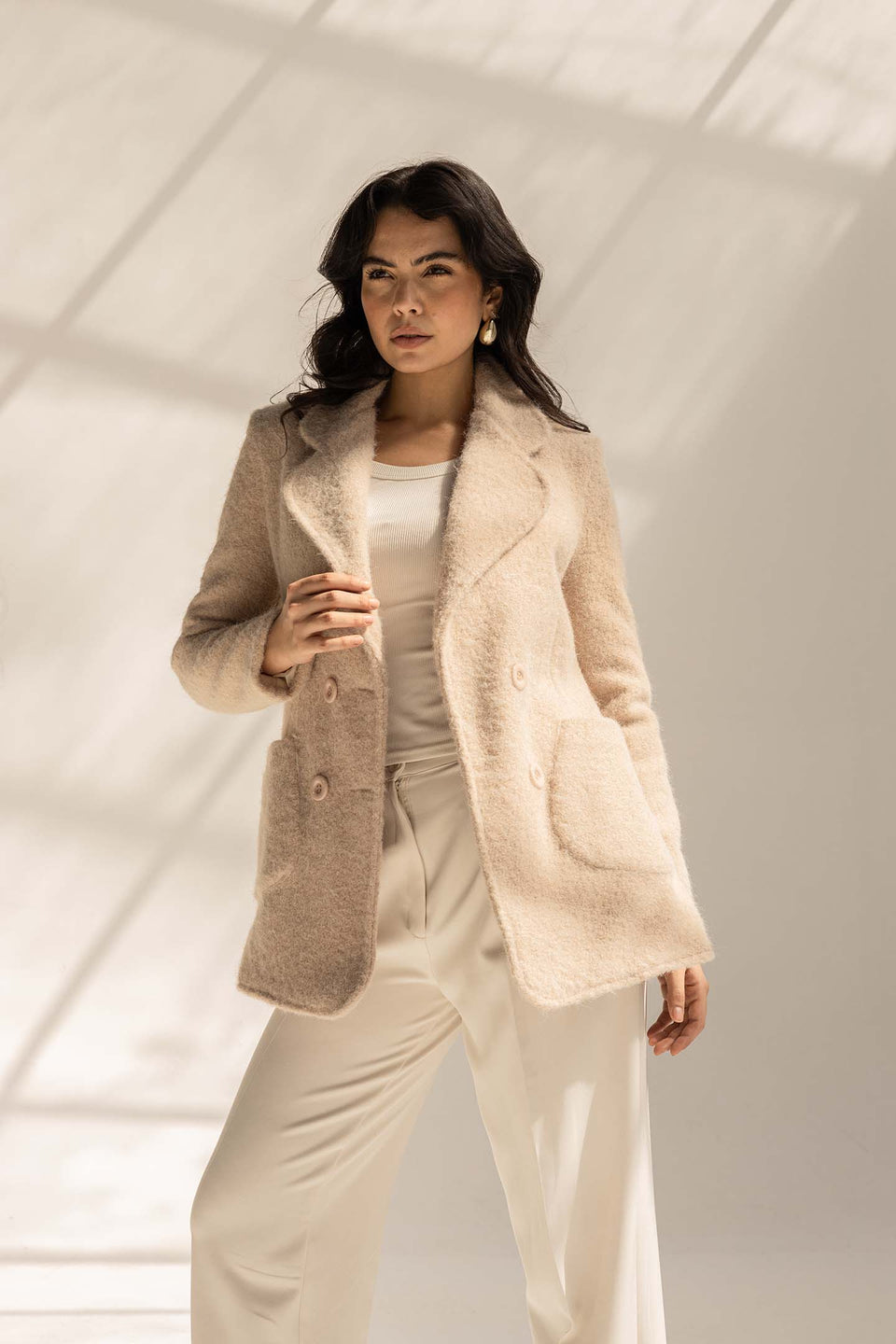 Beige Fuzzy Wool Double-Breasted Jacket