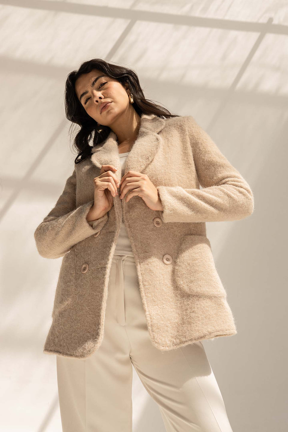 Beige Fuzzy Wool Double-Breasted Jacket