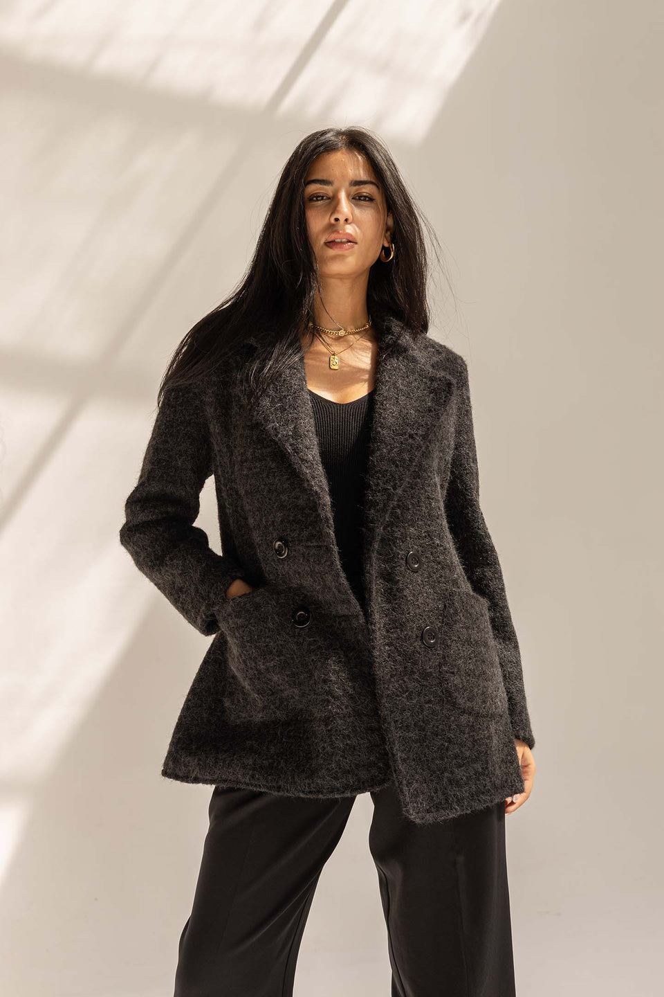 Black Fuzzy Wool Double-Breasted Jacket