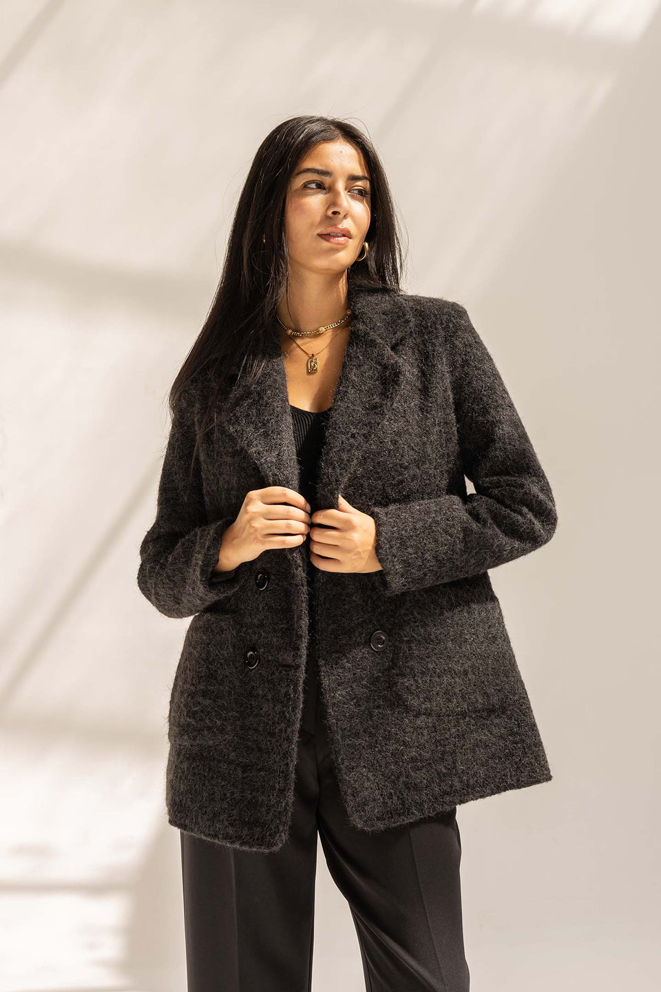 Black Fuzzy Wool Double-Breasted Jacket