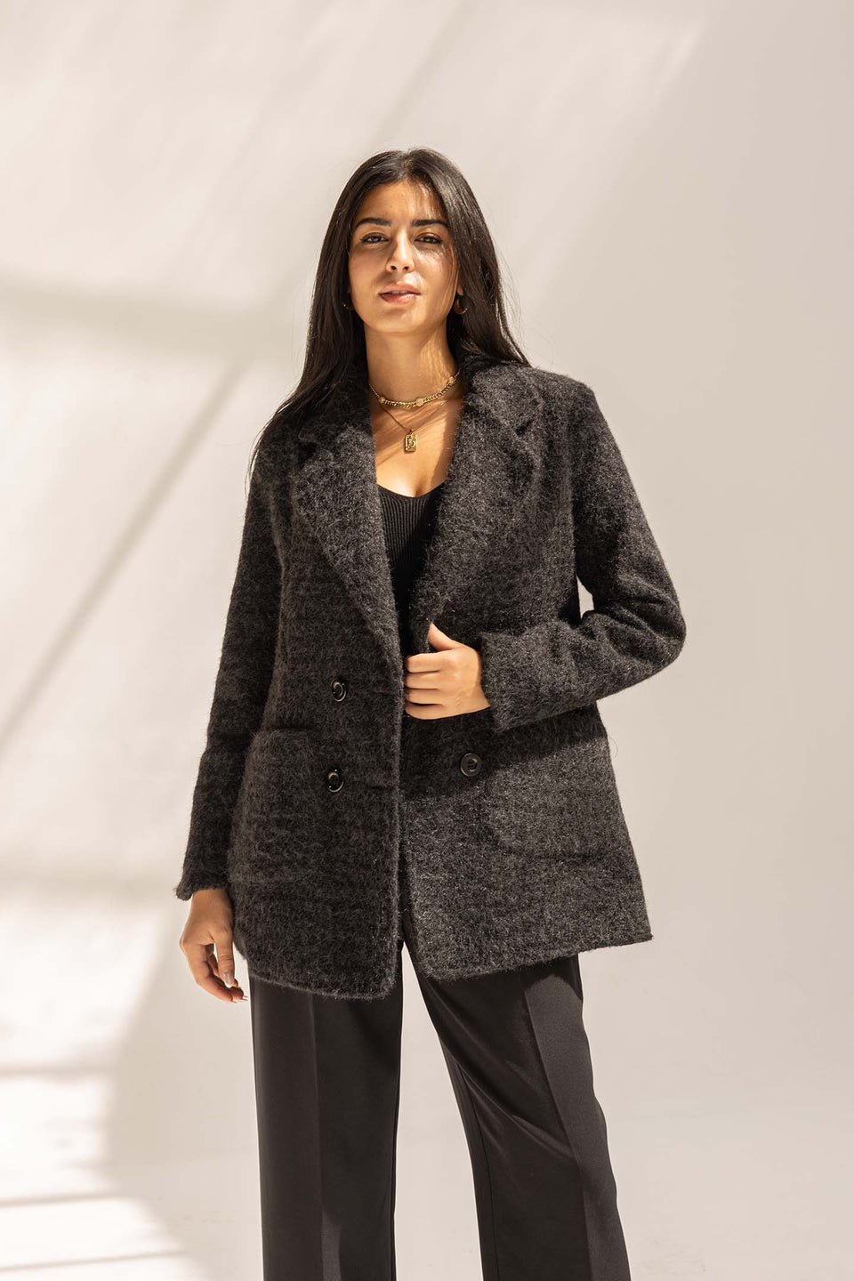 Black Fuzzy Wool Double-Breasted Jacket