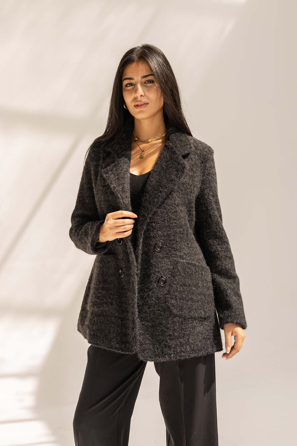 Black Fuzzy Wool Double-Breasted Jacket