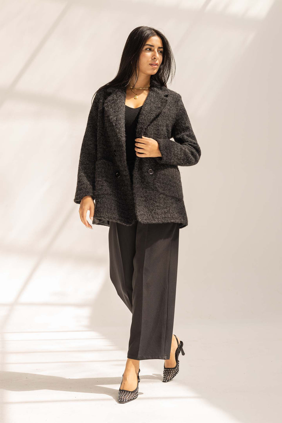 Black Fuzzy Wool Double-Breasted Jacket