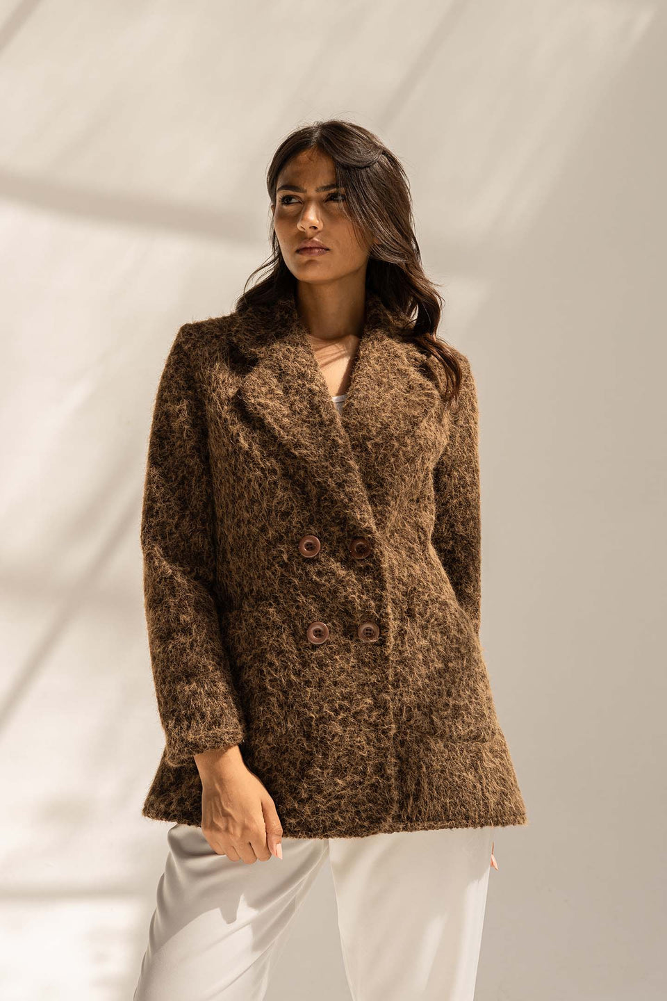 Brown Fuzzy Wool Double-Breasted Jacket