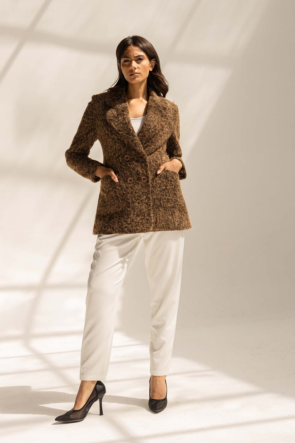 Brown Fuzzy Wool Double-Breasted Jacket