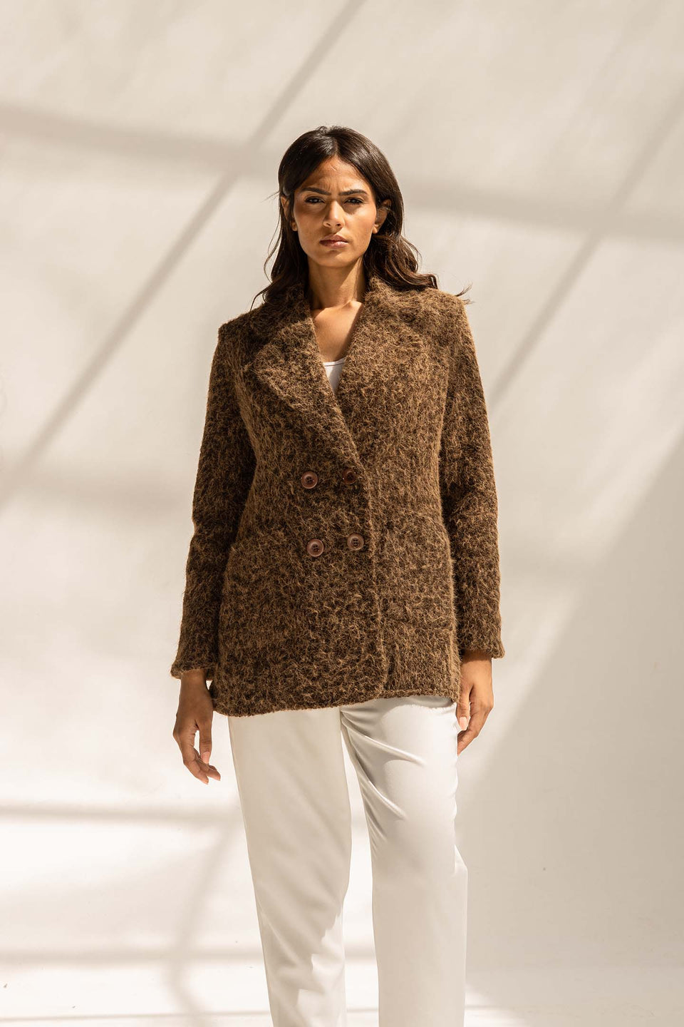 Brown Fuzzy Wool Double-Breasted Jacket
