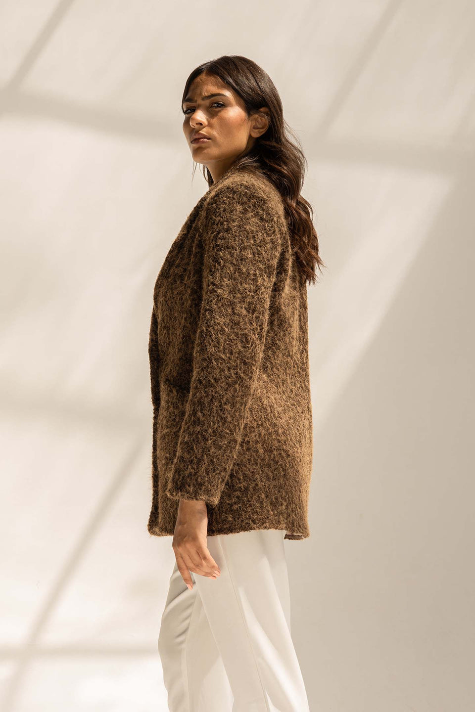 Brown Fuzzy Wool Double-Breasted Jacket