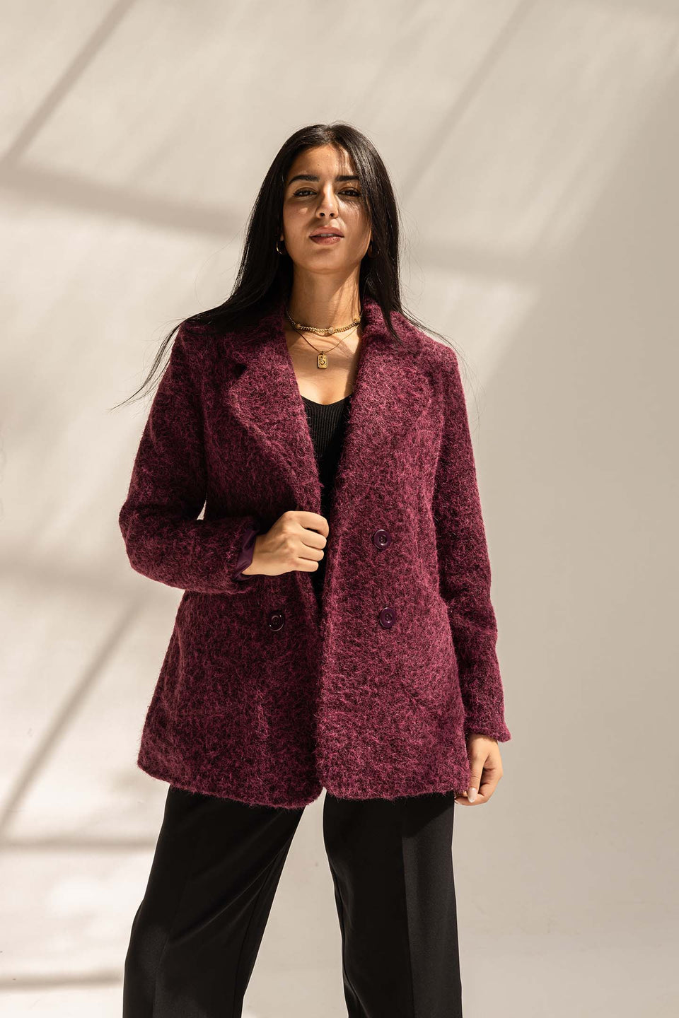 Burgundy Fuzzy Wool Double-Breasted Jacket
