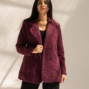 Burgundy Fuzzy Wool Double-Breasted Jacket