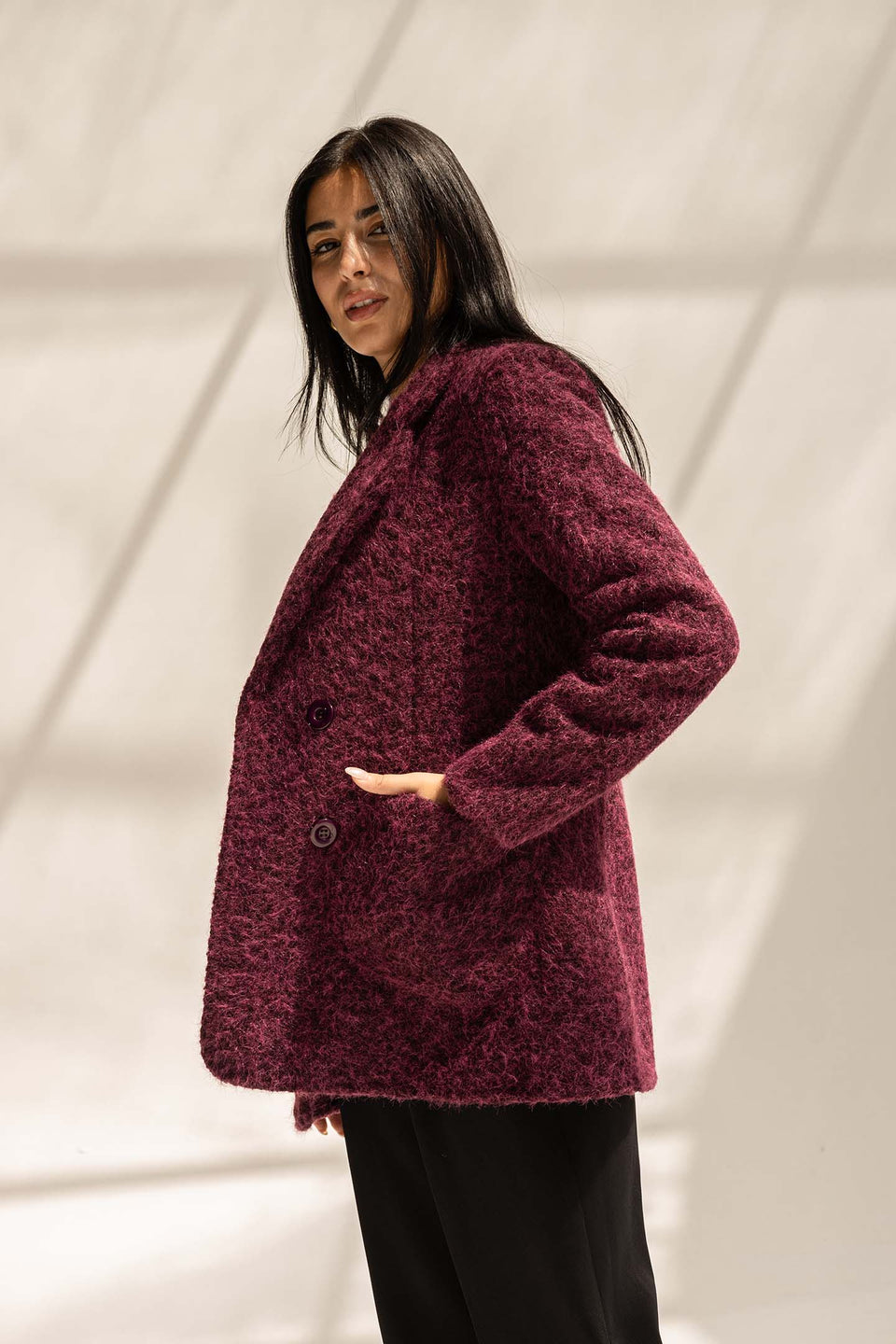 Burgundy Fuzzy Wool Double-Breasted Jacket