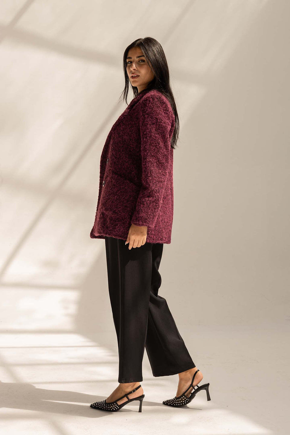 Burgundy Fuzzy Wool Double-Breasted Jacket