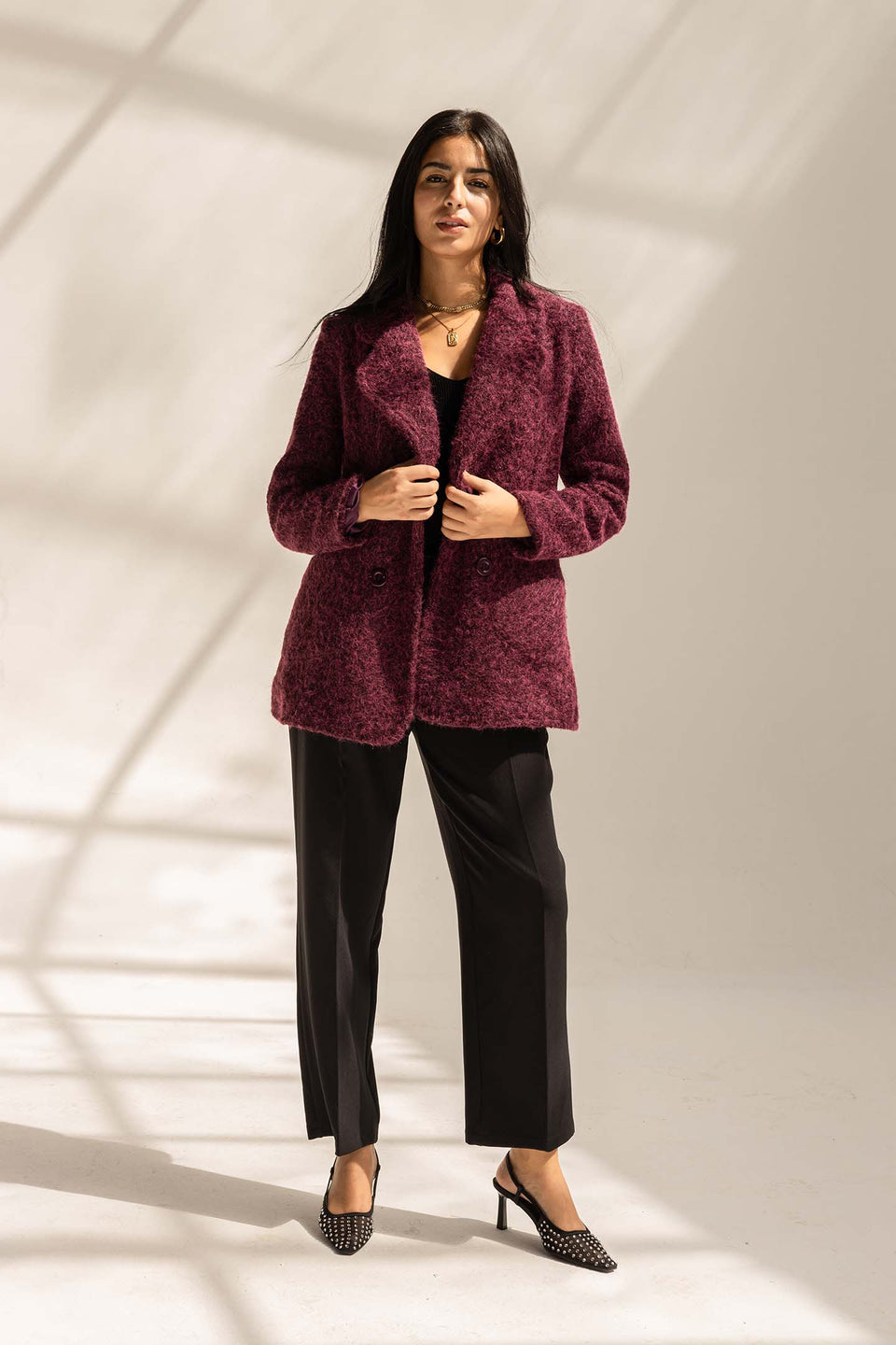 Burgundy Fuzzy Wool Double-Breasted Jacket