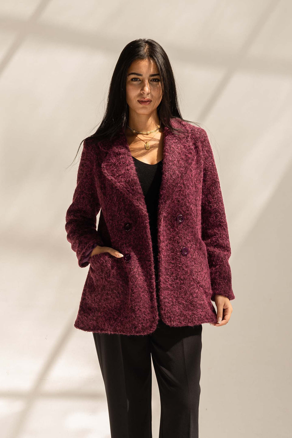 Burgundy Fuzzy Wool Double-Breasted Jacket