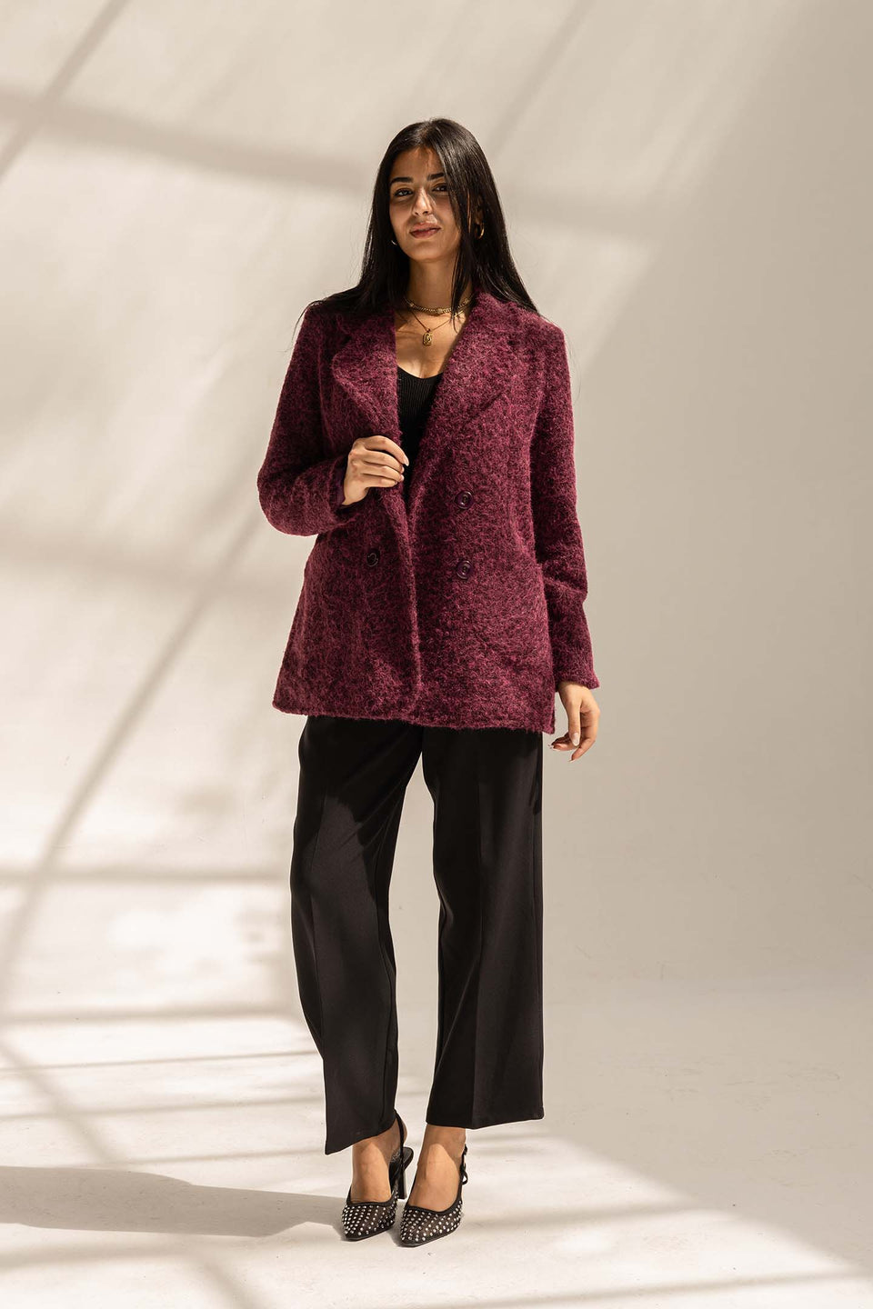 Burgundy Fuzzy Wool Double-Breasted Jacket