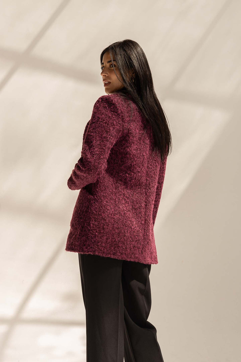 Burgundy Fuzzy Wool Double-Breasted Jacket