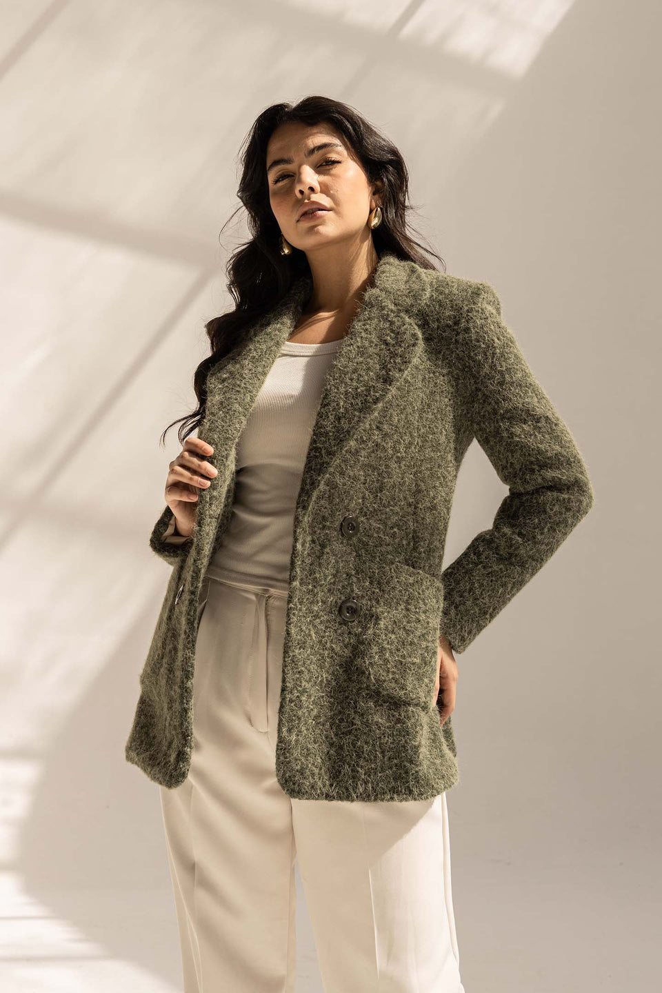Olive Fuzzy Wool Double-Breasted Jacket