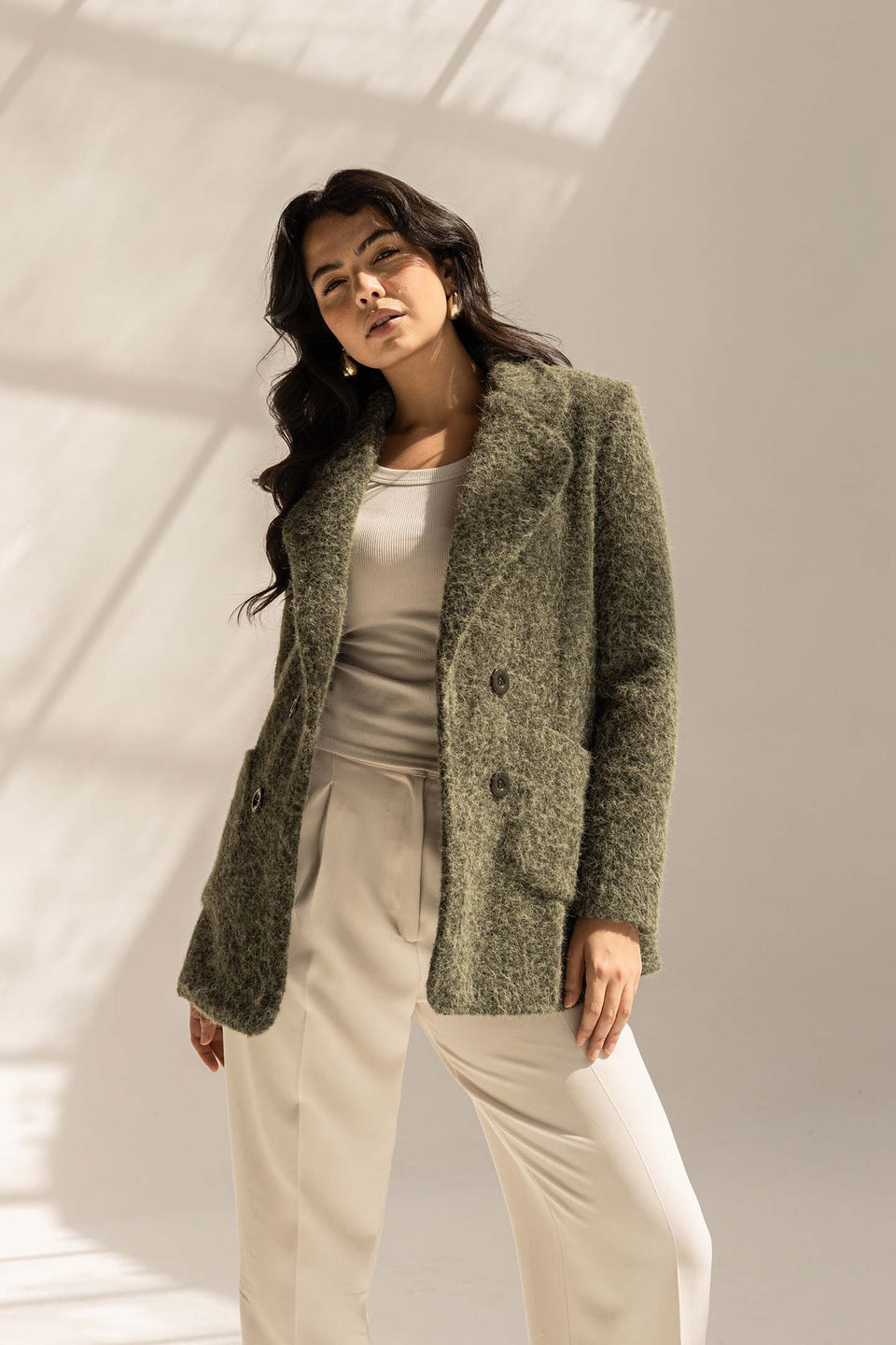 Olive Fuzzy Wool Double-Breasted Jacket