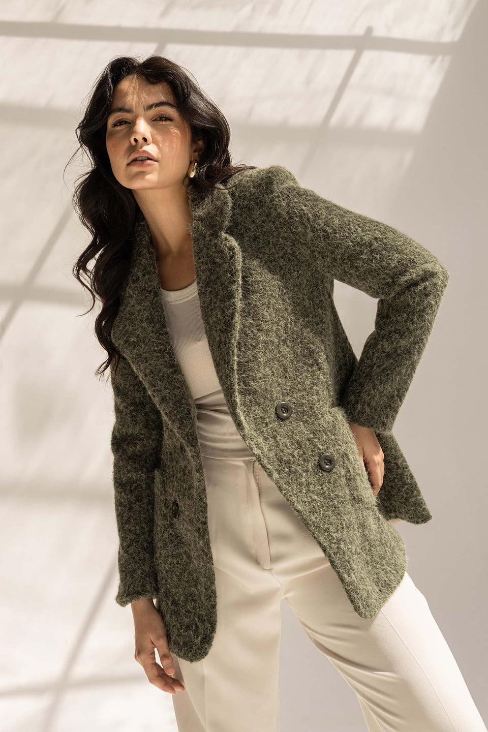 Olive Fuzzy Wool Double-Breasted Jacket