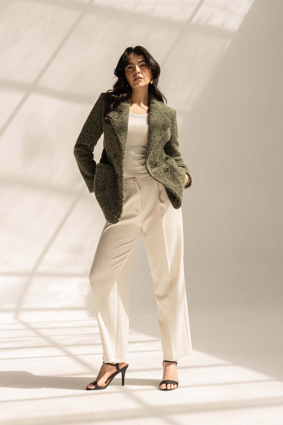 Olive Fuzzy Wool Double-Breasted Jacket