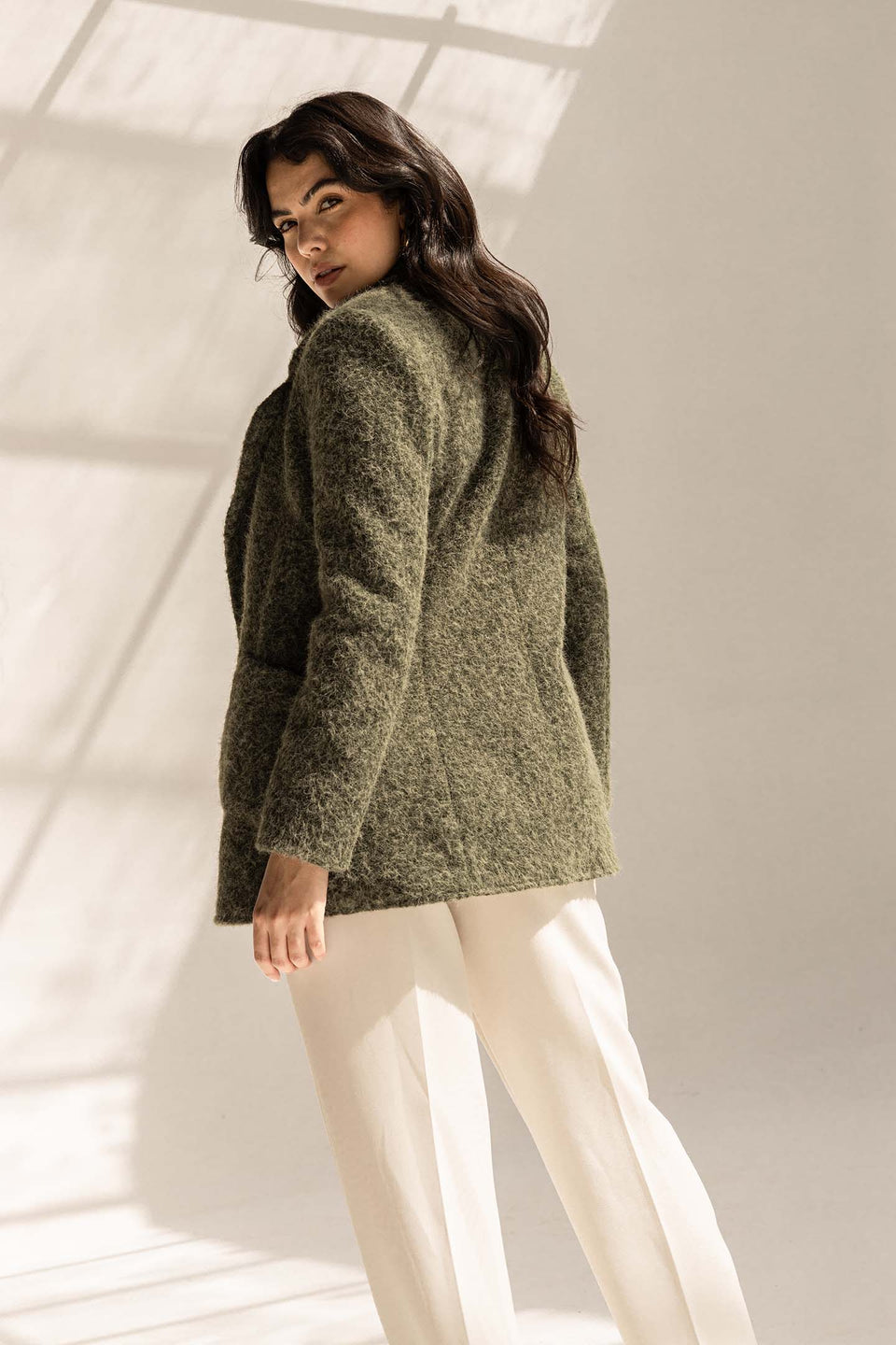 Olive Fuzzy Wool Double-Breasted Jacket