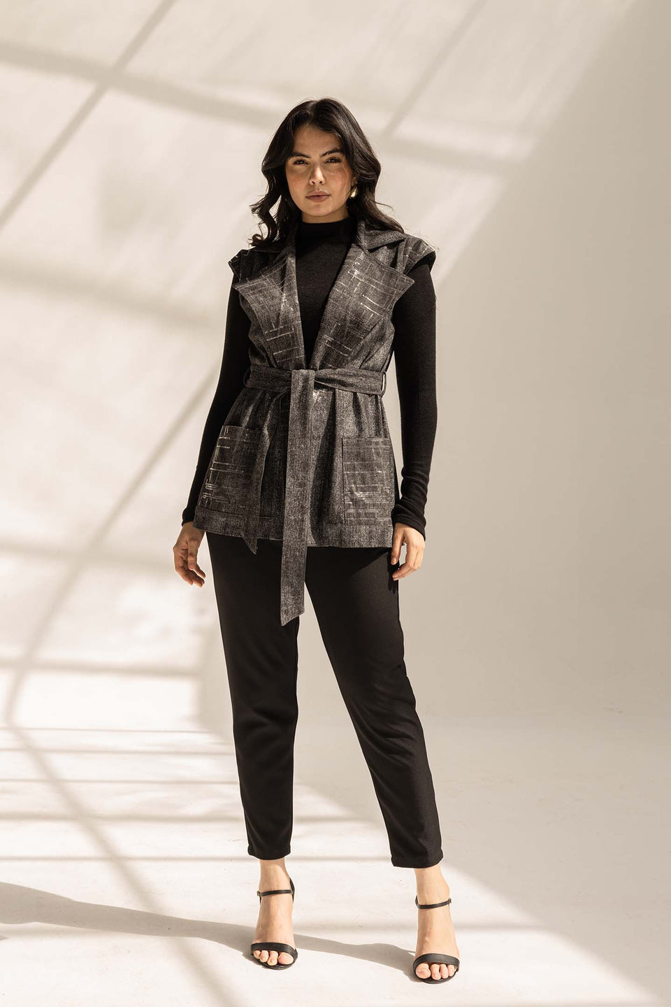 Black Sequined Denim Vest with Waist Belt