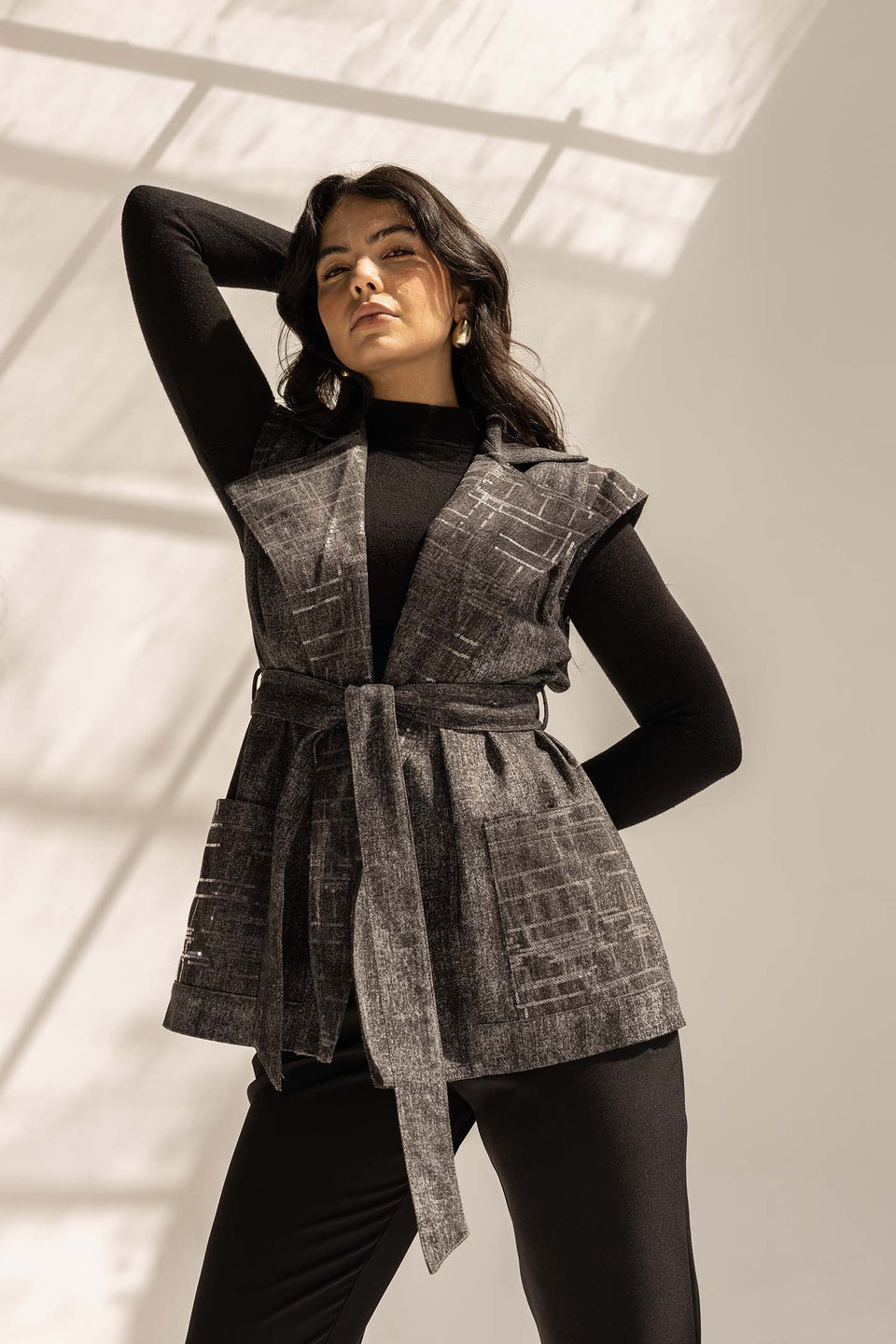 Black Sequined Denim Vest with Waist Belt