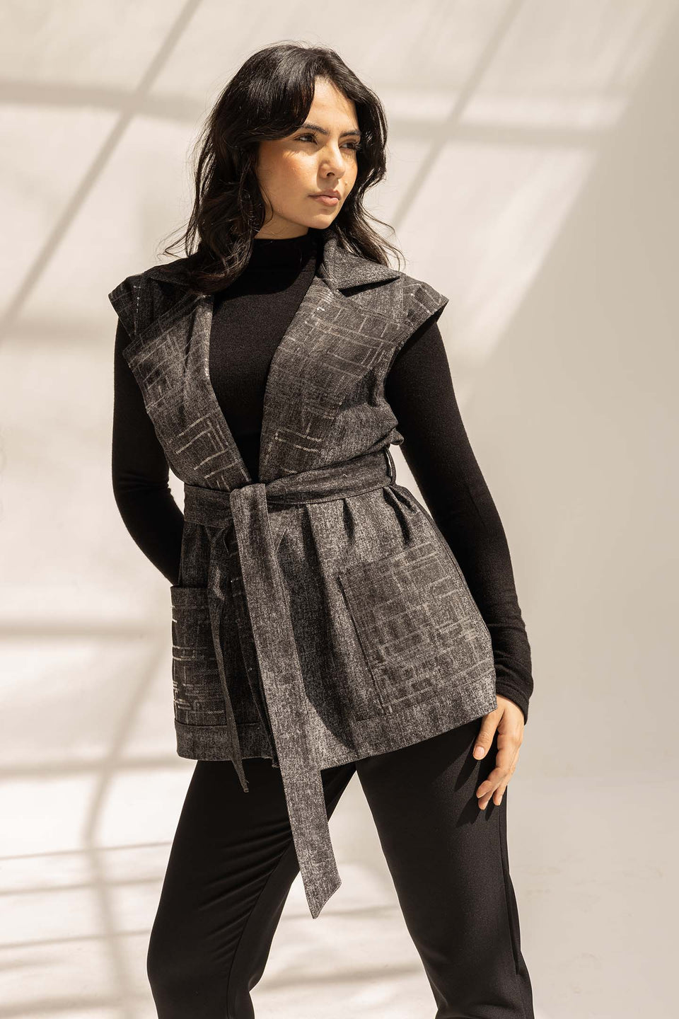 Black Sequined Denim Vest with Waist Belt