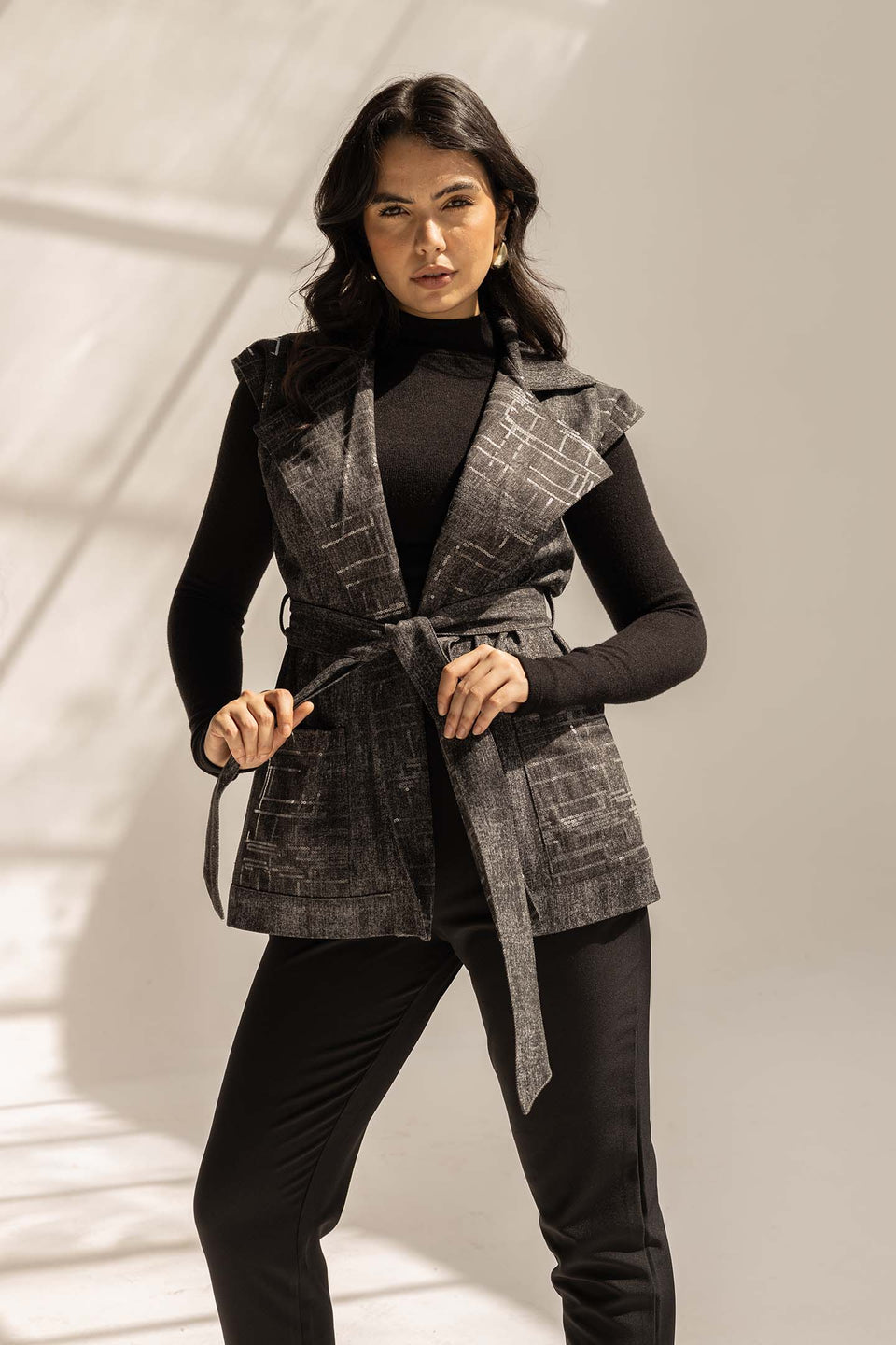 Black Sequined Denim Vest with Waist Belt