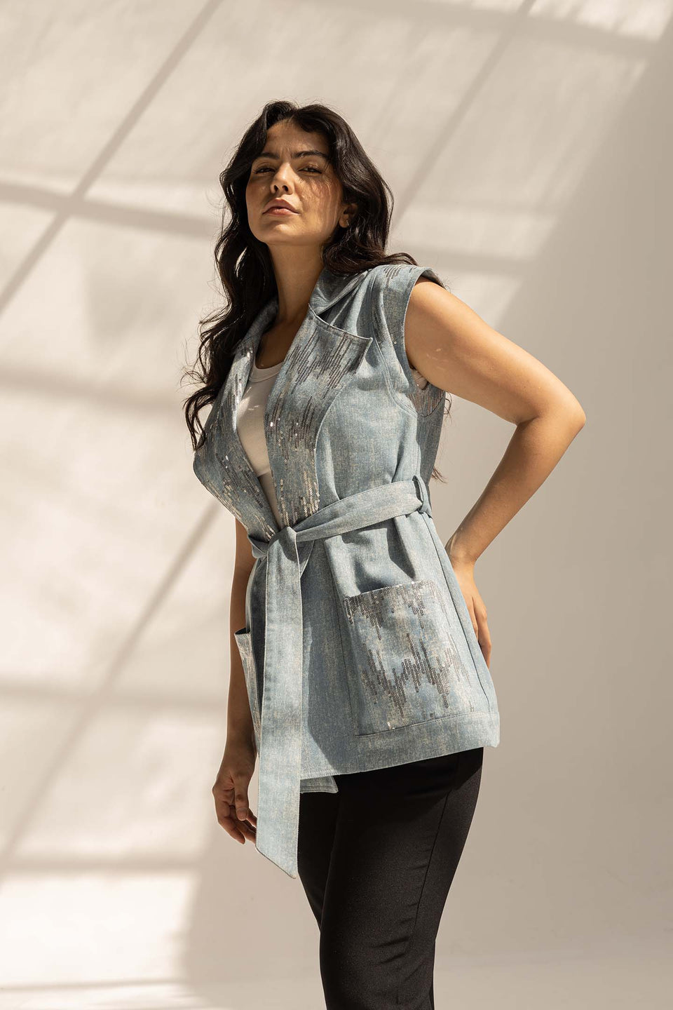 Blue Sequined Denim Vest with Waist Belt