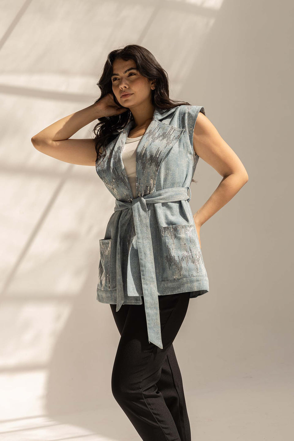Blue Sequined Denim Vest with Waist Belt