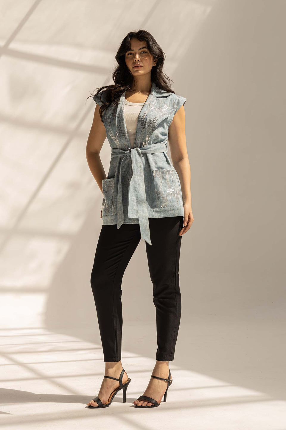 Blue Sequined Denim Vest with Waist Belt