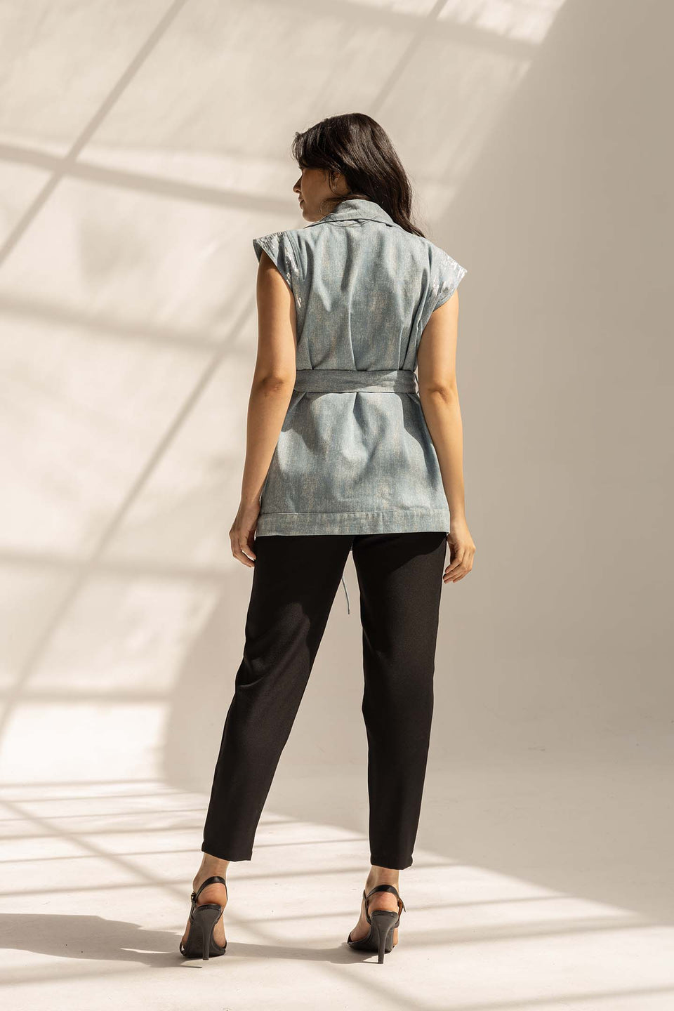Blue Sequined Denim Vest with Waist Belt