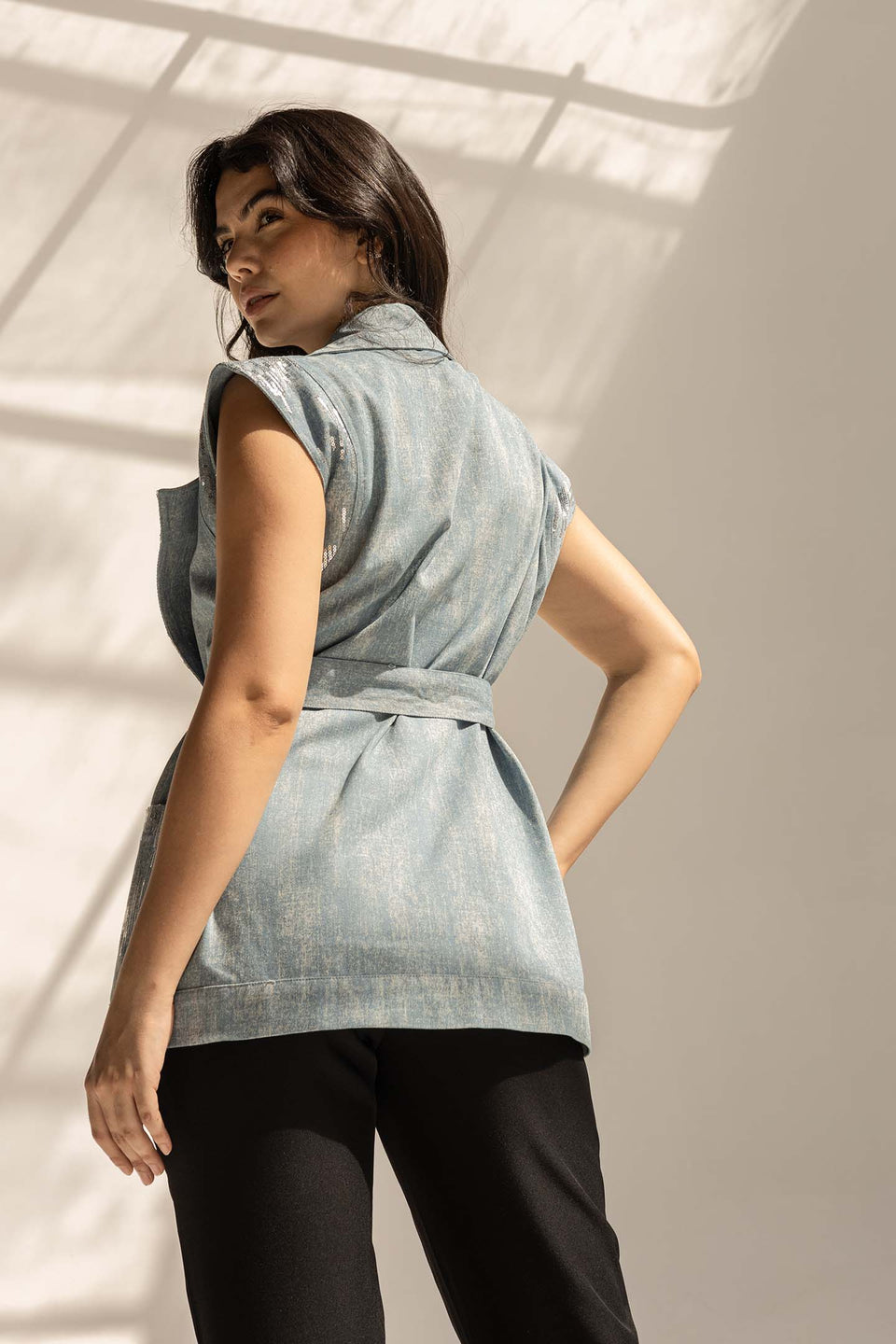 Blue Sequined Denim Vest with Waist Belt