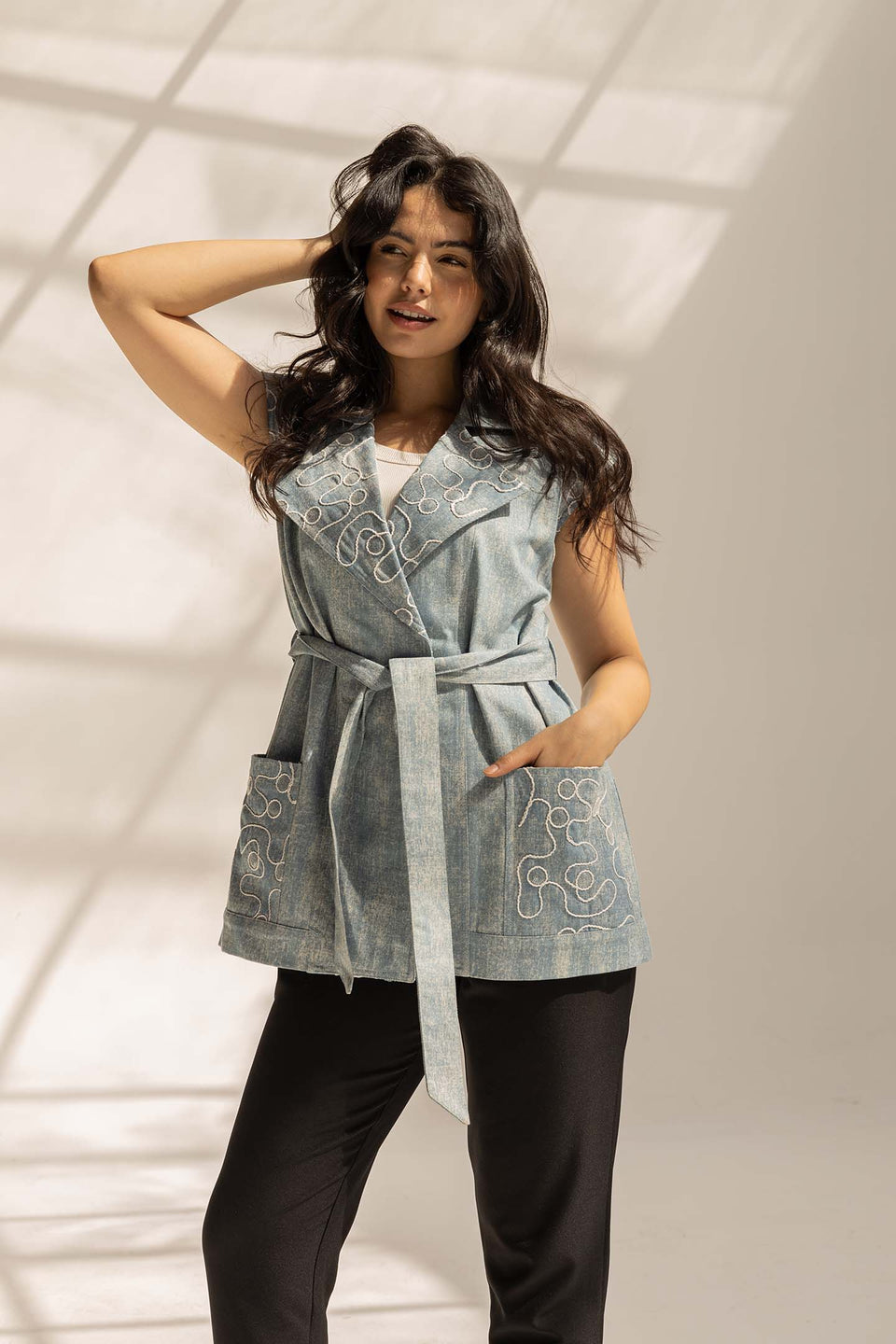 White Sequined Denim Vest with Waist Belt