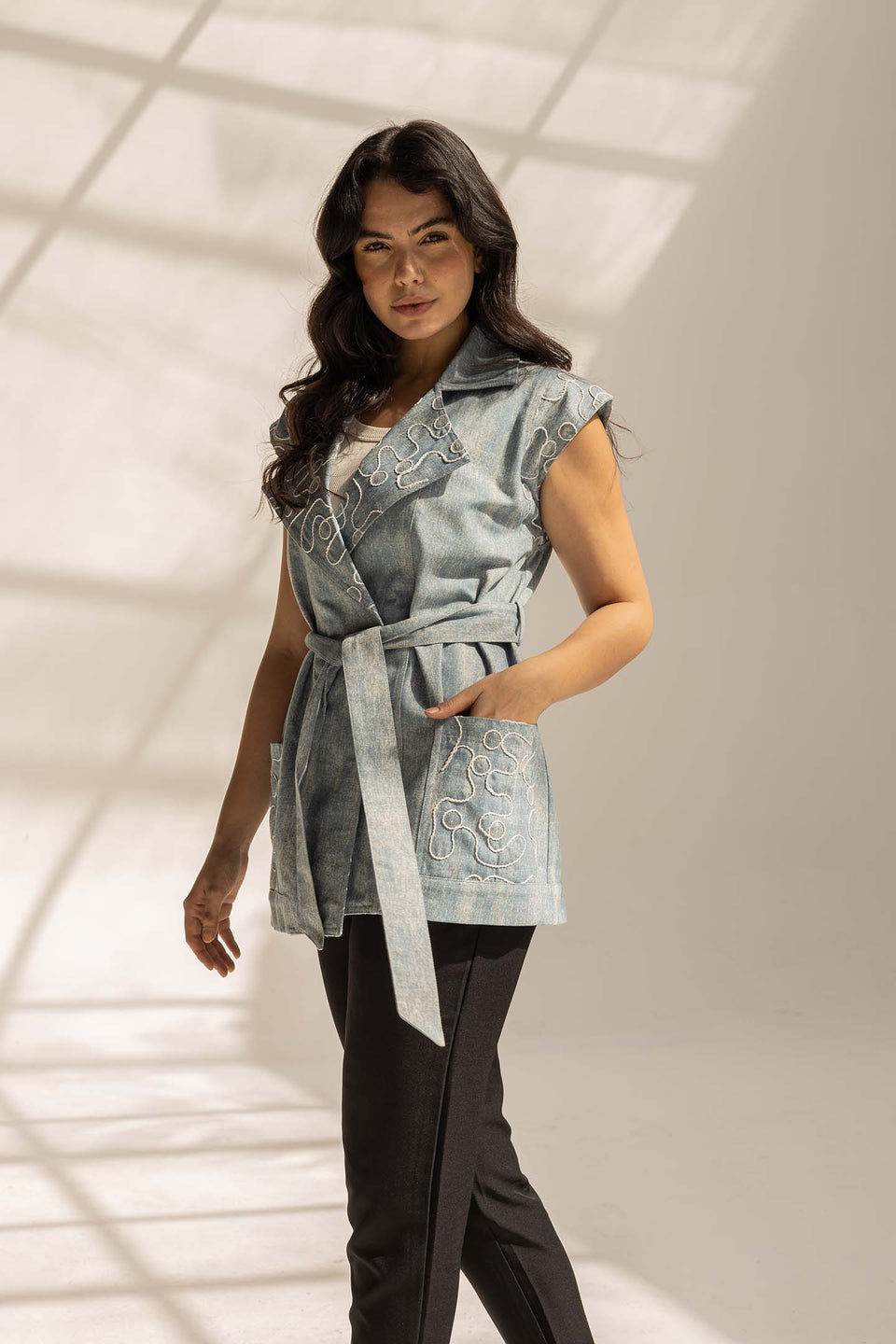 White Sequined Denim Vest with Waist Belt